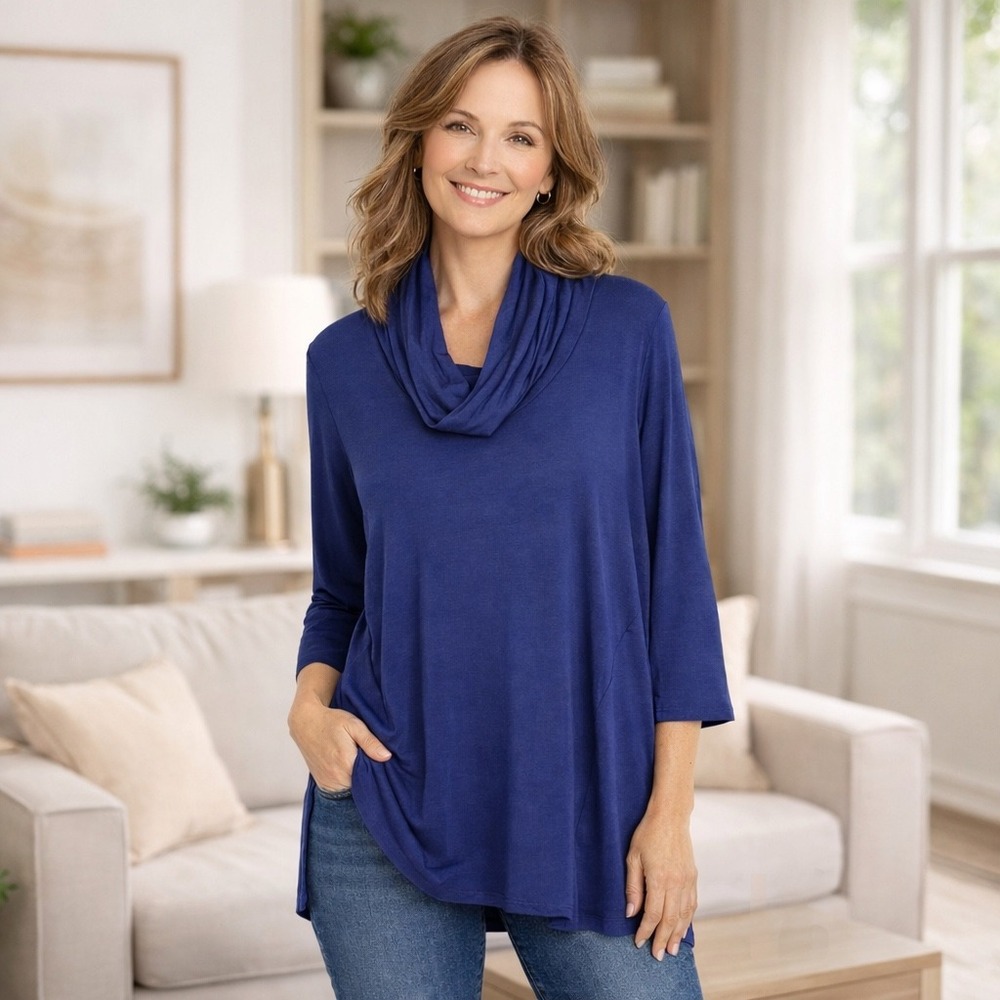 NWT J.Jill Wearever Cowl‎ Neck Tunic Womens L Blue 3/4 Sleeve Jersey Knit Top